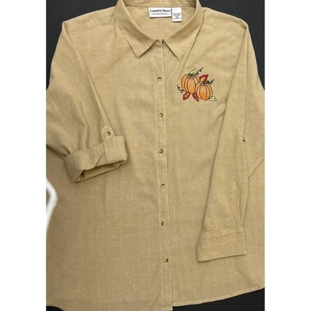 Country Store Women's Tan Button Up‎ Shirt Embroidered Pumpkins Fall Size 2X